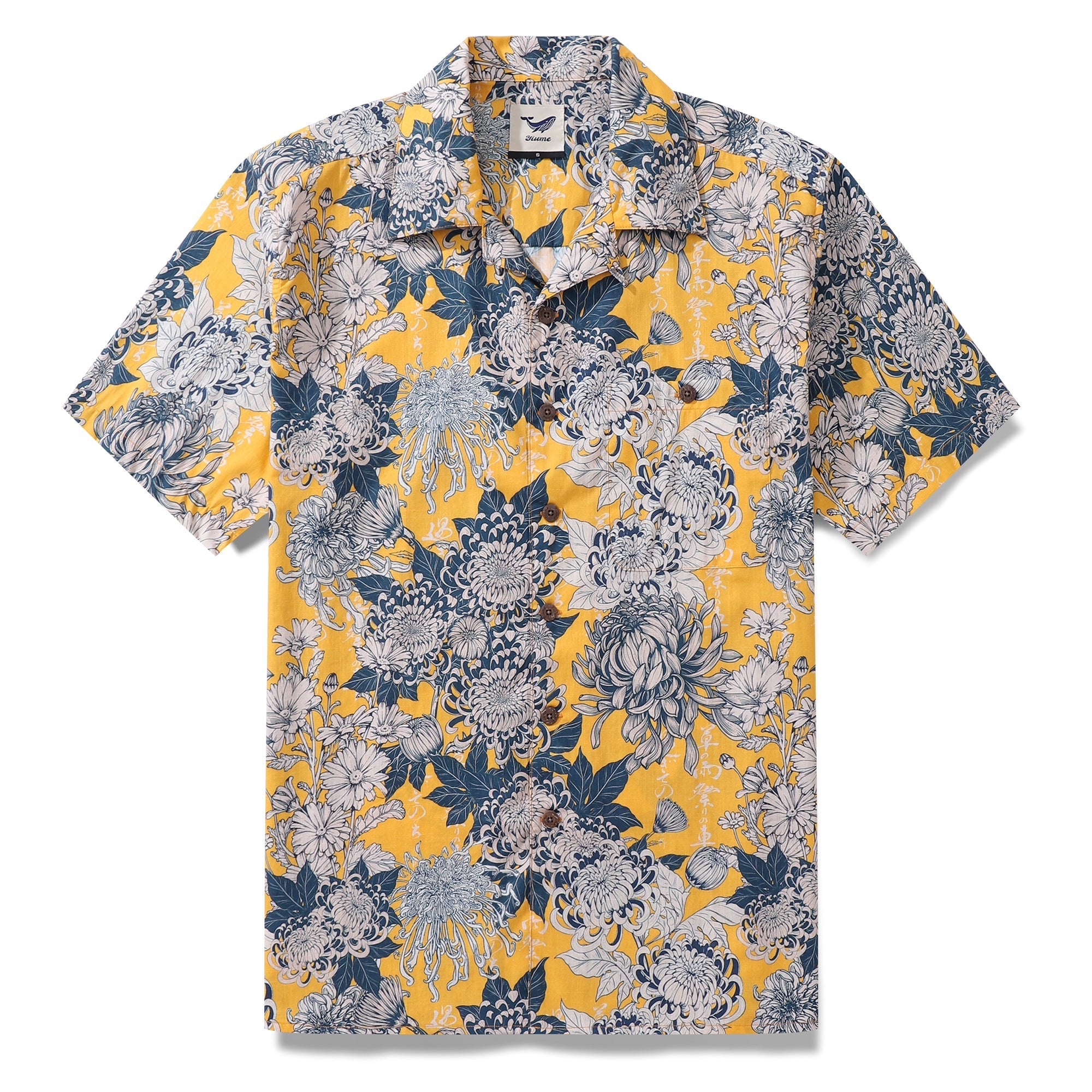 Yellow Hawaiian Shirt For Men Japanese Flower Shirt Camp Collar 100% Cotton Shirt By Yakima