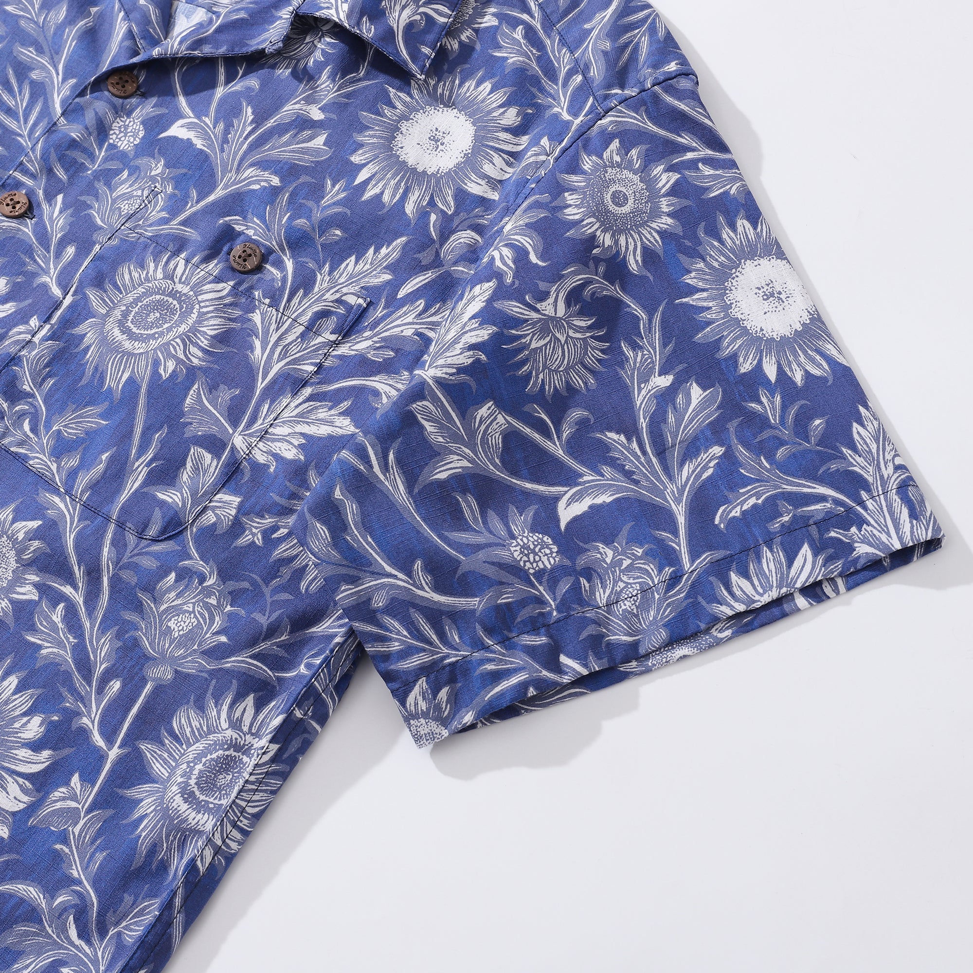 Hawaiian Shirt For Men Blue and White Porcelain Sunflower Camp collar Short Sleeve 100% Cotton Shirt By Sun