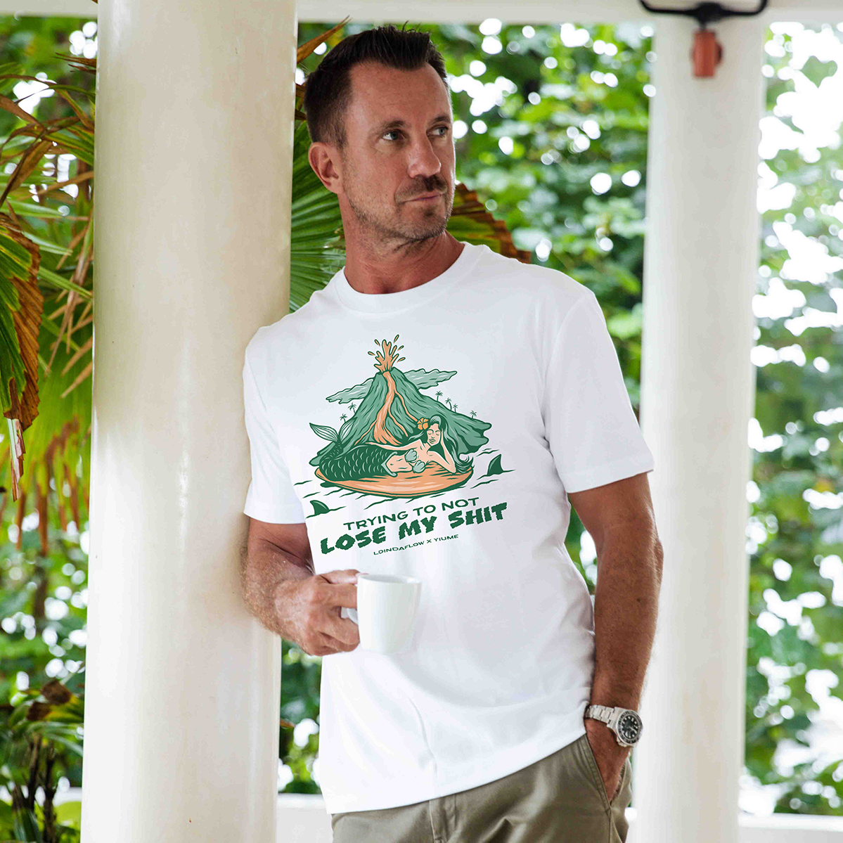 Hawaiian Tee For Men Hang Loose By Loindaflow Tee Crew Neck 100% Cotton - White By Laihha Organna