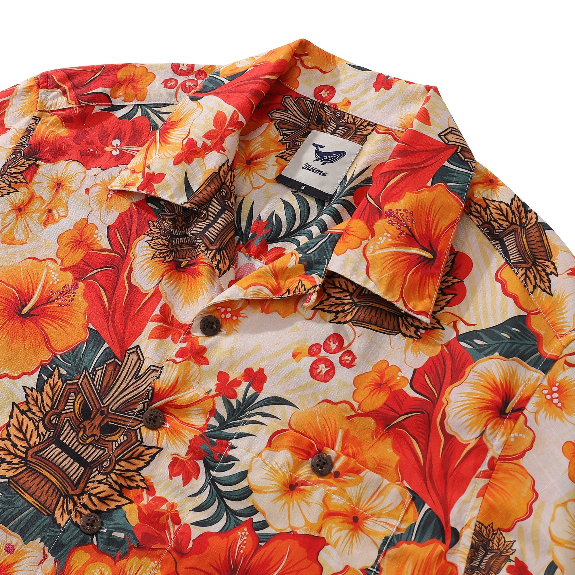 Tiki Hawaiian Shirt For Men Designer Floral Shirt Camp Collar 100% Cotton By Yakima