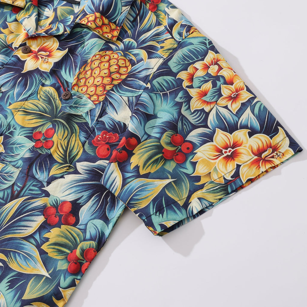 Tropical Hawaiian Shirt For Men Pineapples in the Jungle Shirt Camp Collar 100% Cotton By Sun