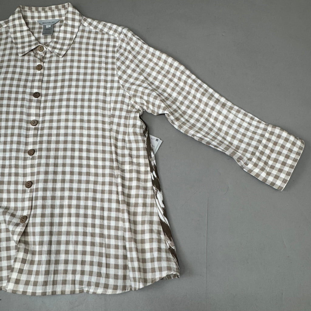 MULTIPLES Button-Up Plaid Shirt w/Cuff Petite Women's Sz PM Brown/Cream M44506BP