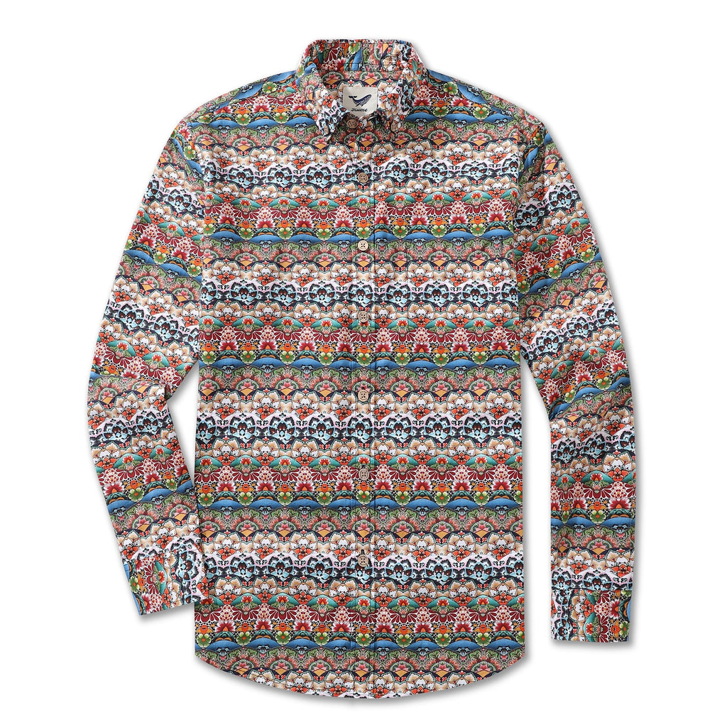 Men's Hawaiian Shirt Tropical Groove Cotton Button-down Long Sleeve Aloha Shirt By Amy