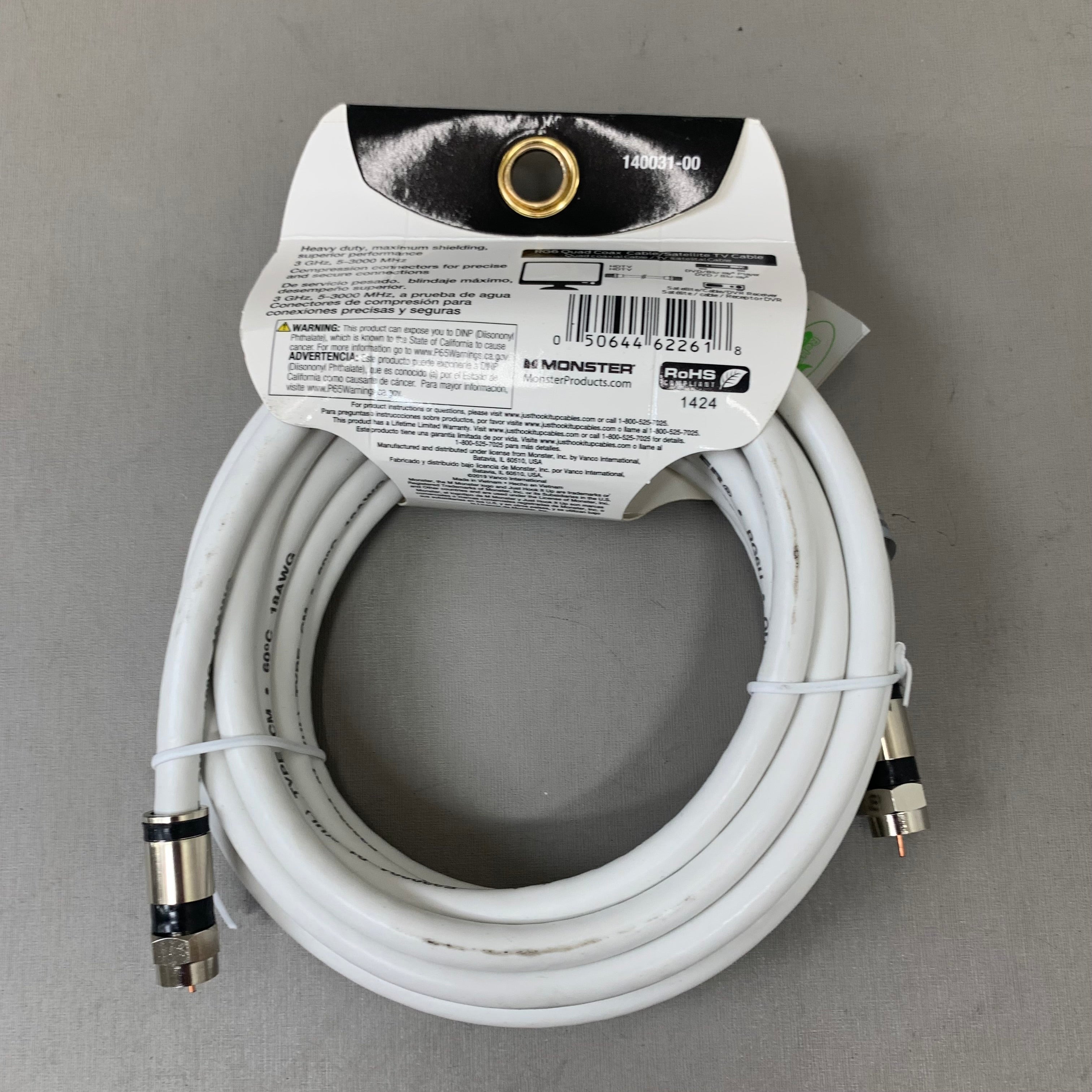 MONSTER (2Pack) RG6 Quad Coax Satellite Tv Cables 6ft, 12ft White 140037-00,140031-00