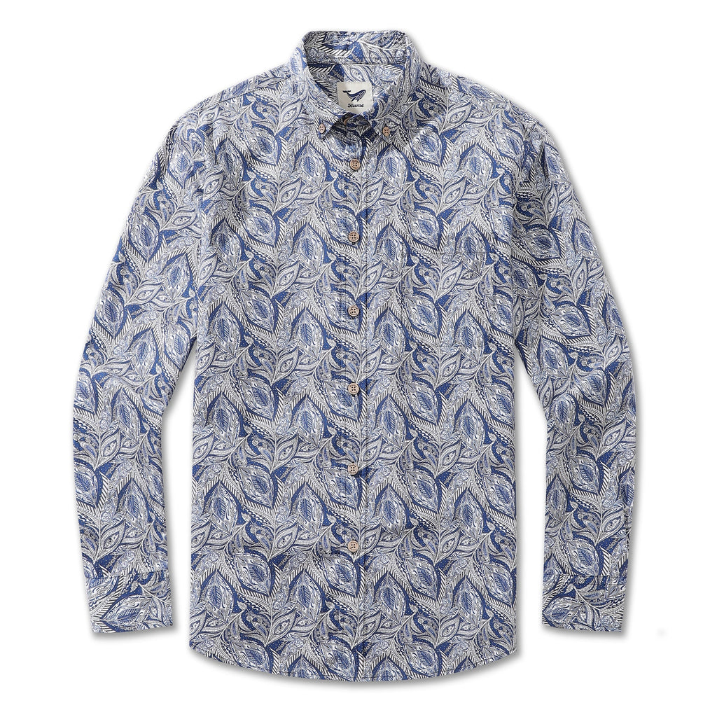 Men's Hawaiian Floral Pattern Series 1 Elm Tree Print Cotton Button-down Long Sleeve Aloha Shirt By Sun