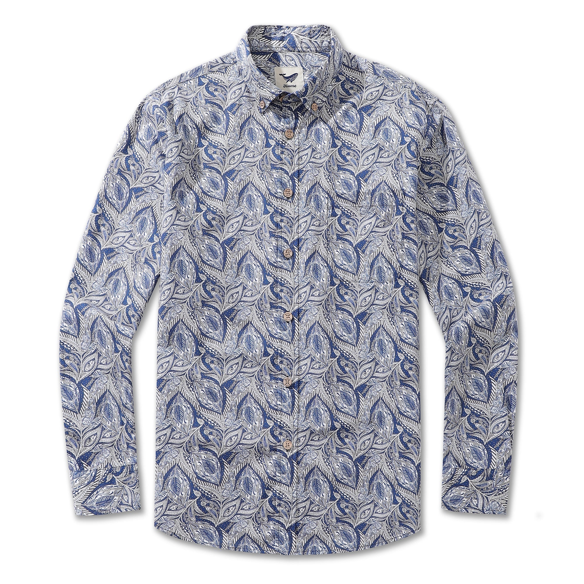 Men's Hawaiian Floral Pattern Series 1 Elm Tree Print Cotton Button-down Long Sleeve Aloha Shirt By Sun