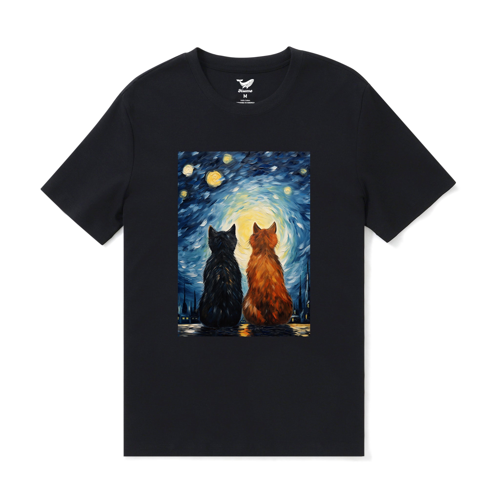 Hawaiian Tee For Men Cats In Love Van Gogh Tee Crew Neck 100% Cotton - BLACK By Shawn