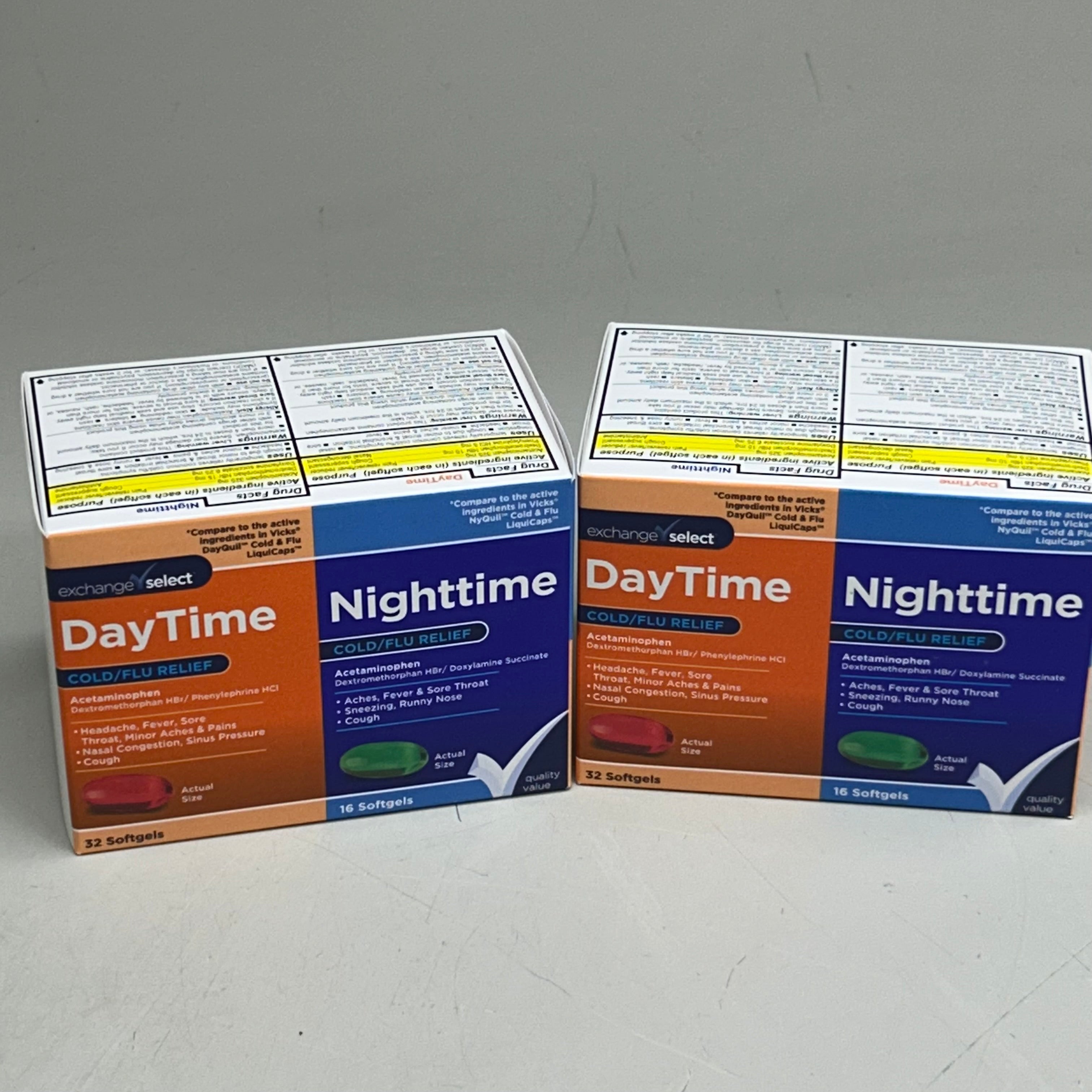 EXCHANGE SELECT (2 Pack, 32 Day Caps, 16 Night Caps) Day/Night Time Cold/Flu Relief Soft Gel Capsules