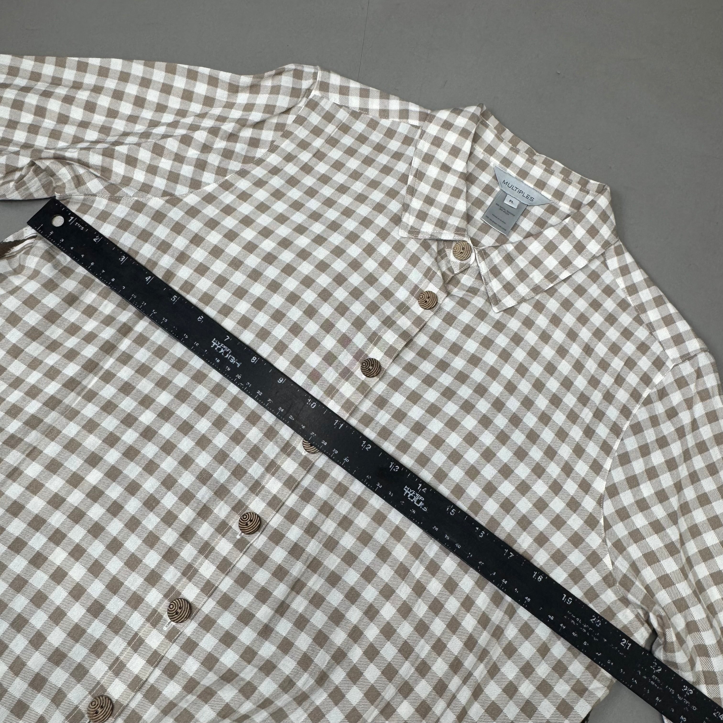 MULTIPLES Button-Up Plaid Shirt w/Cuff Petite Women's Sz PL Brown/Cream M44506BP