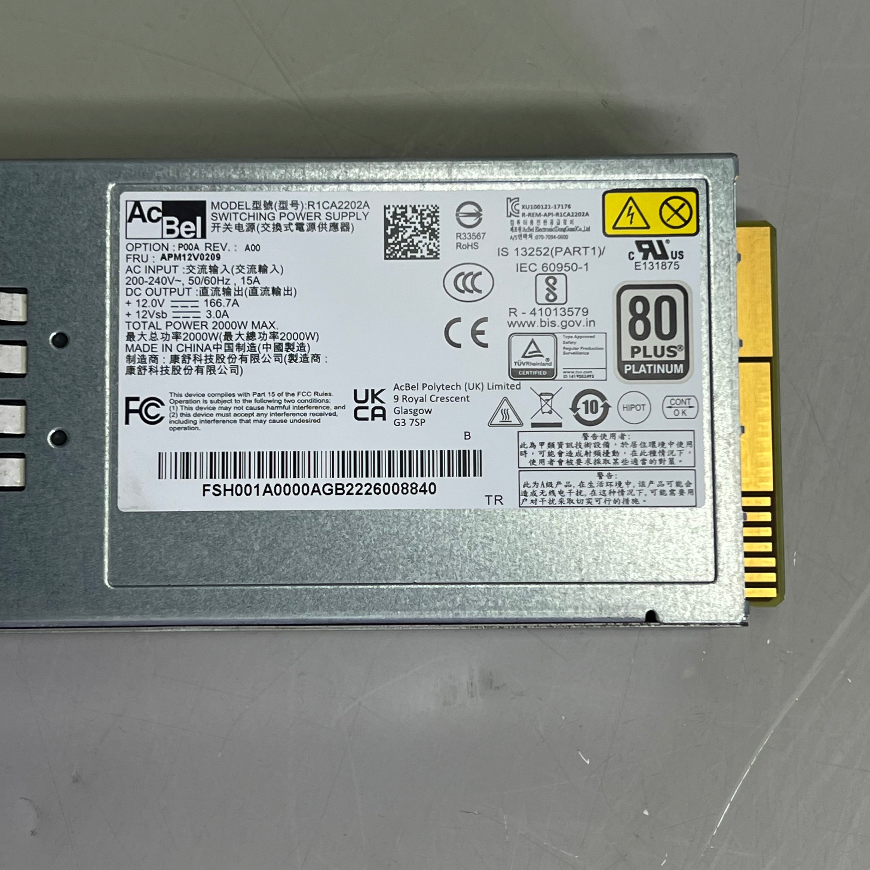 ACBEL Switching Power Supply 80 Plus Platinum 2000W & Cord R1CA2202A