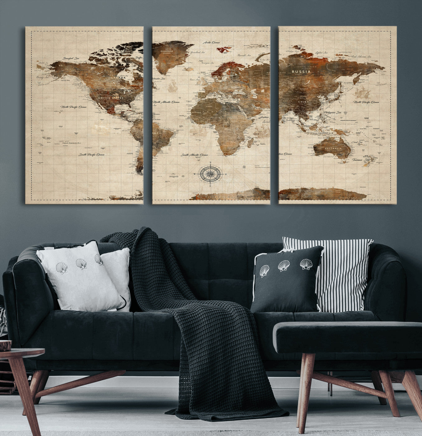 Vintage World Map Wall Art Canvas Print for Living Room,