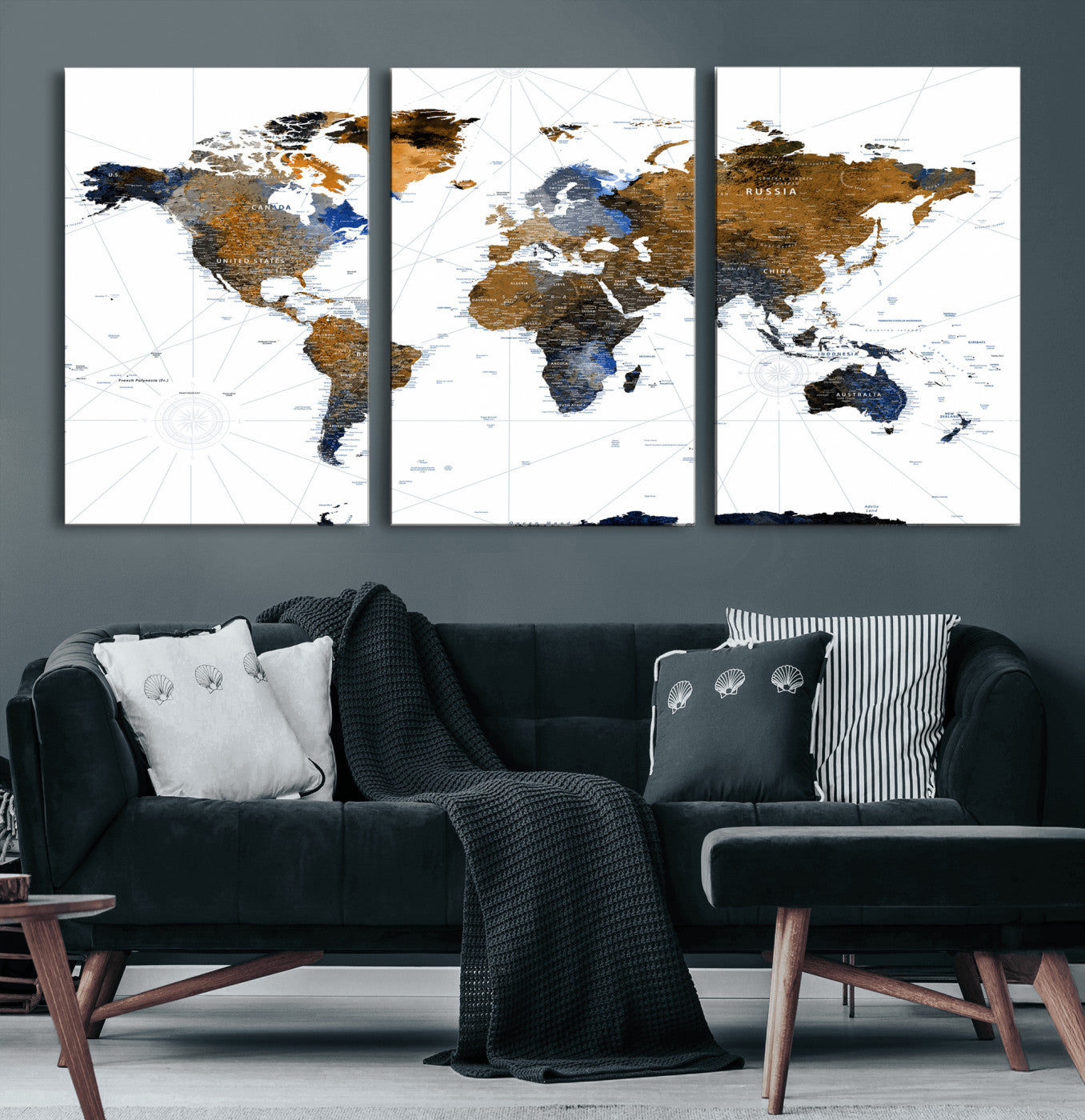 World Map Wall Art Canvas Print, Modern Decorative Framed