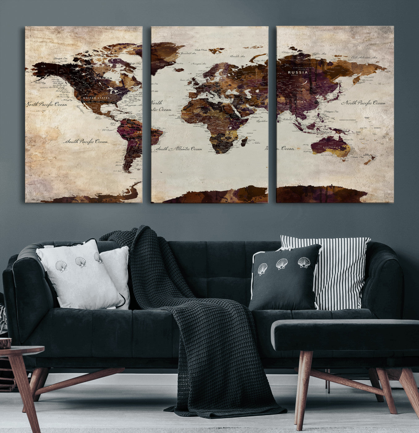 World Map Canvas Triptych – Colorful Global Wall Art for