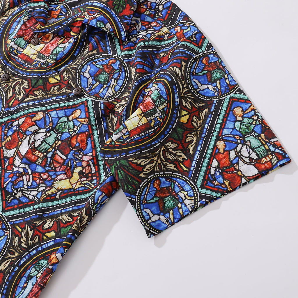 Hawaiian Shirt For Men Stained Glass Window Print Shirt Camp Collar 100% Cotton Shirt By Sherry