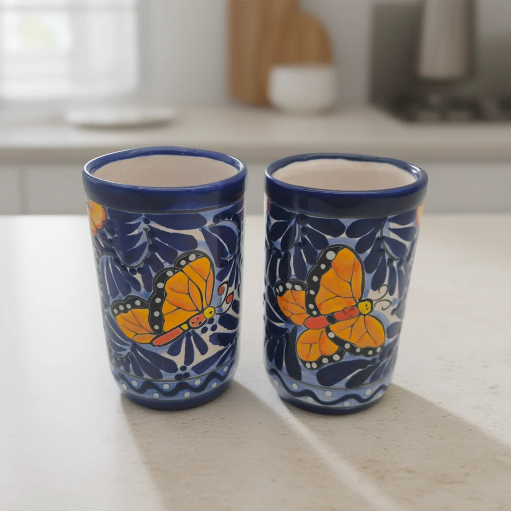 Blue Monarch Talavera Pitcher Set | Mexican Ceramic Drinkware