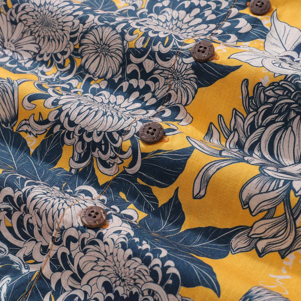 Yellow Hawaiian Shirt For Men Japanese Flower Shirt Camp Collar 100% Cotton Shirt By Yakima