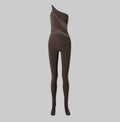 NORMA KAMALI One Shoulder Snake Mesh Catsuit Footsie Women's Sz L/40 Chocolate