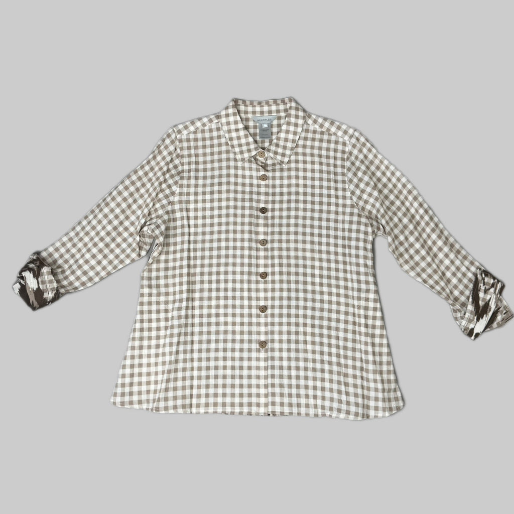 MULTIPLES Button-Up Plaid Shirt w/Cuff Petite Women's Sz PM Brown/Cream M44506BP