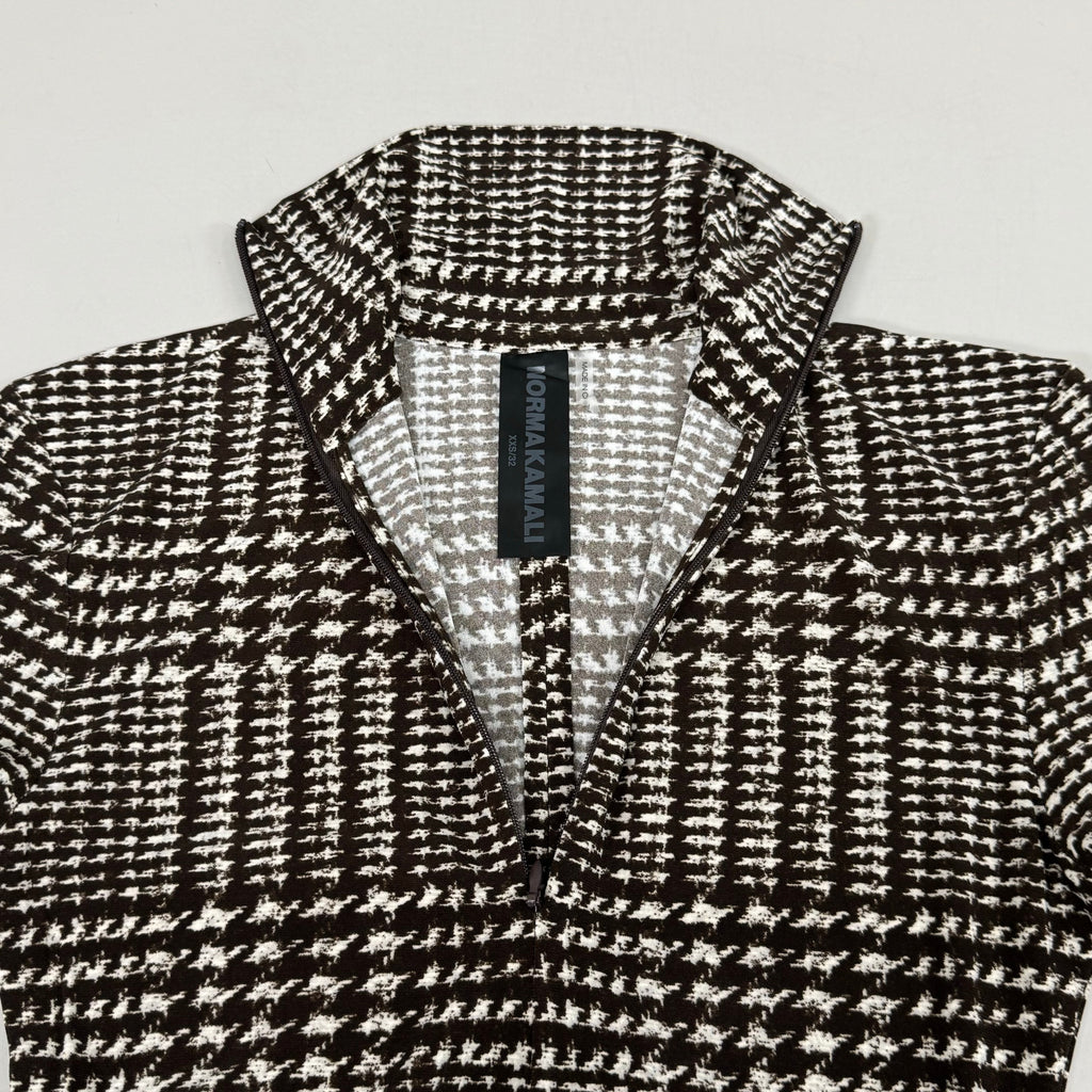 NORMA KAMALI Front Zip Slim Fit Turtle Top Women's Sz XXS/32 Chocolate Plaid Tweed