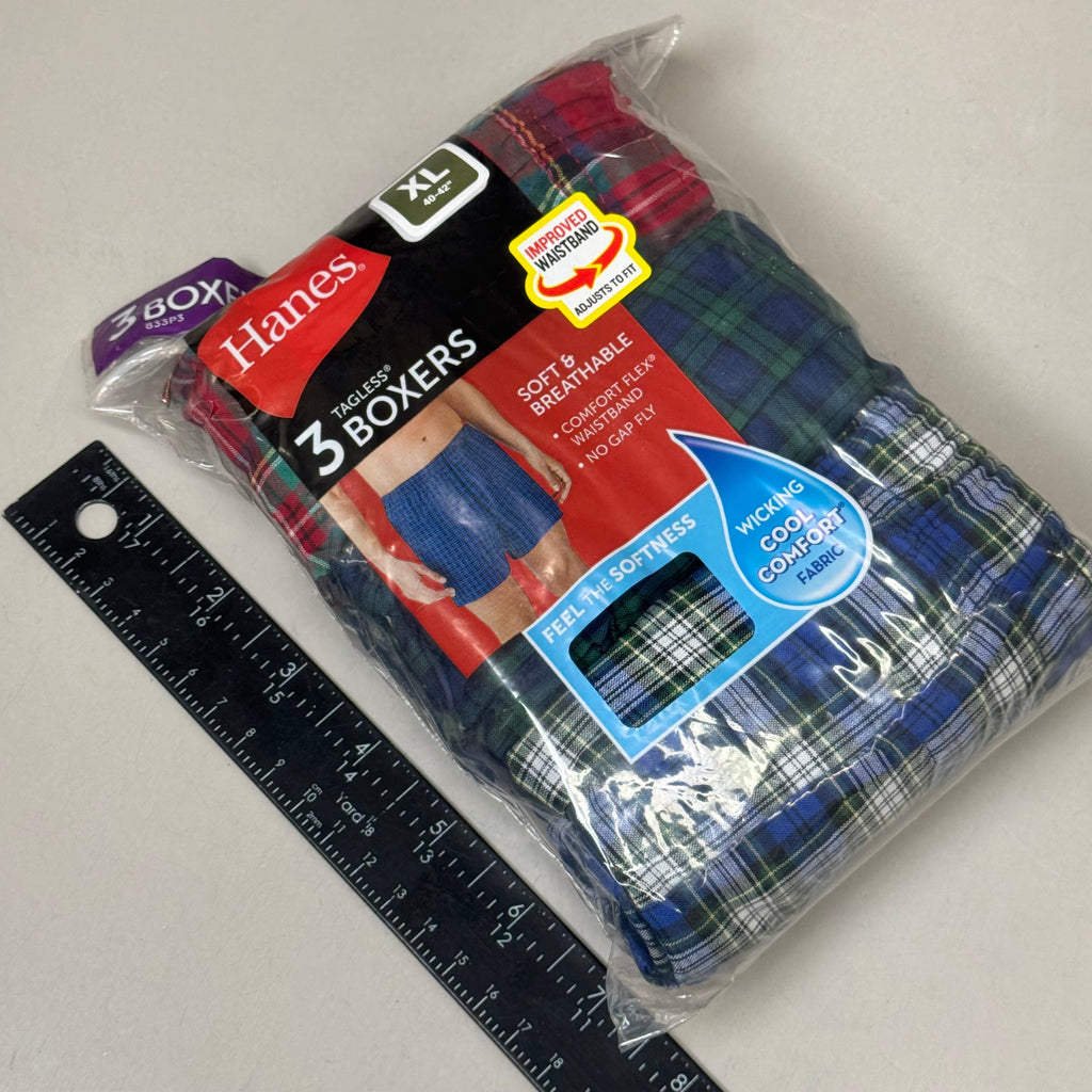 HANES (3 PACK) Men's Cool Comfort Boxer Briefs Sz XL 40-42" Blue/Red/Grey 042390