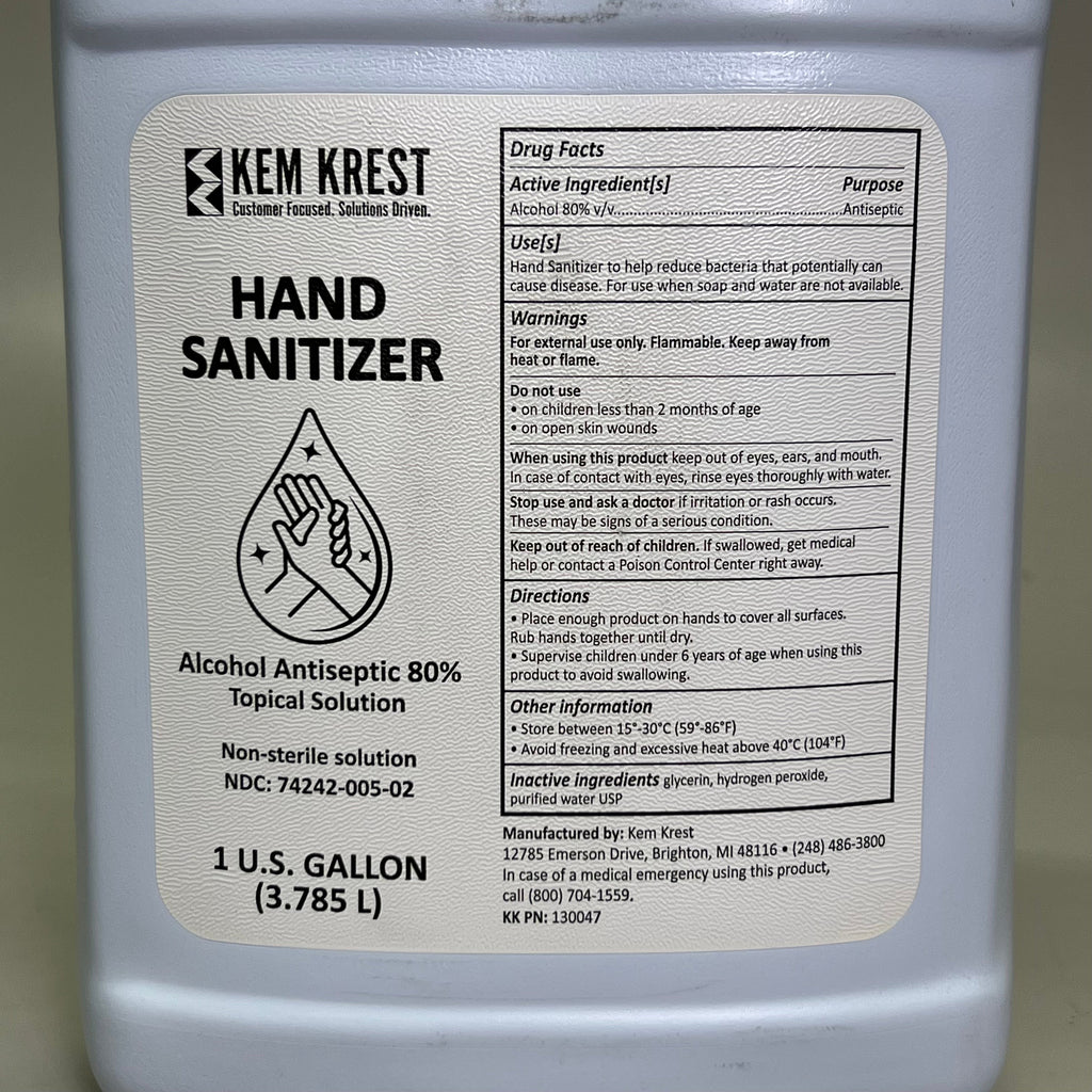 KEM KREST (3 PACK) Hand Sanitizer 1 Gal Alcohol Antiseptic 80% Topical Solution