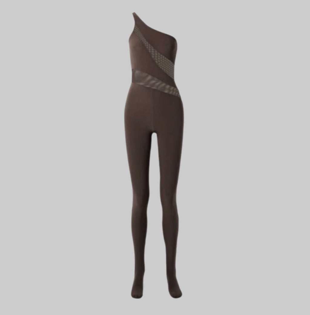 NORMA KAMALI One Shoulder Snake Mesh Catsuit Footsie Women's Sz XXS/32 Chocolate