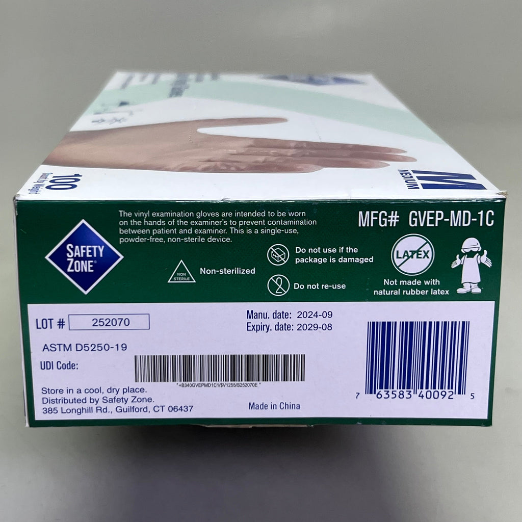 SAFETY ZONE (2 PACK of 100 Gloves) Clear Vinyl Gloves Sz M, GVEP-MD-1C