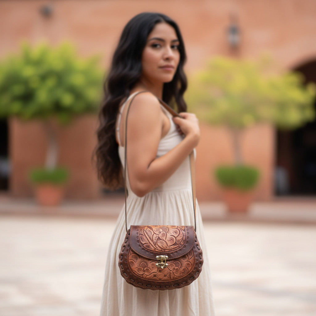Cincelada Floral Leather Crossbody | Hand Tooled Saddle Purse