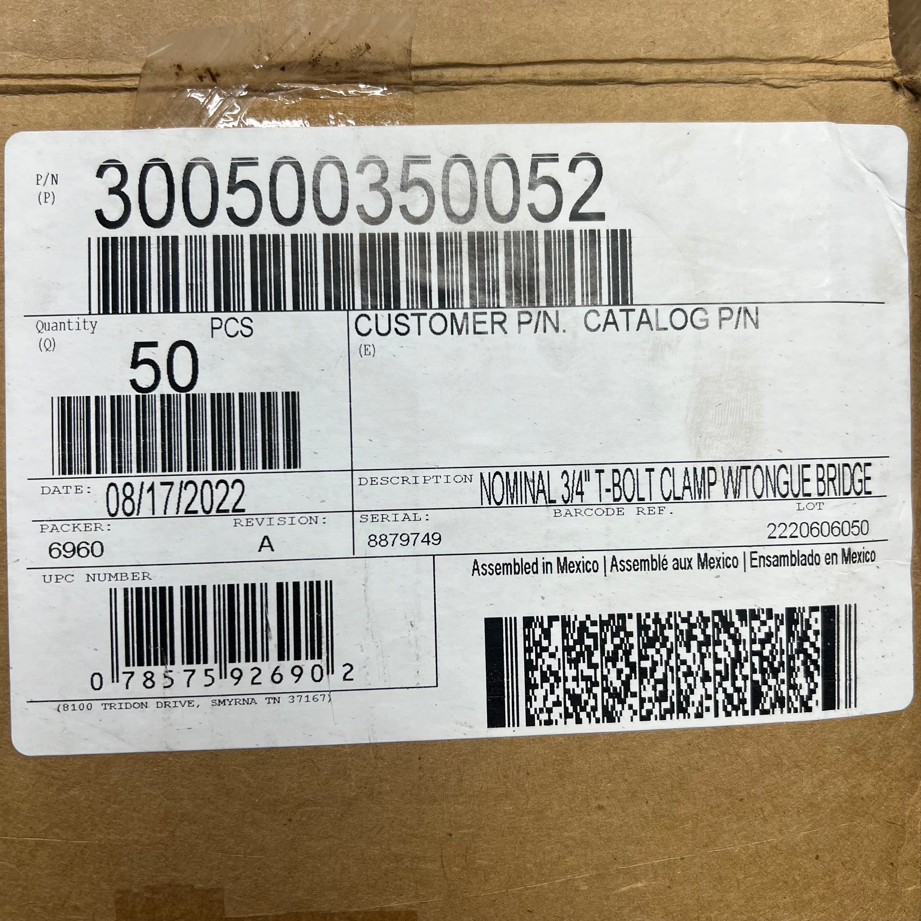IDEAL TRIDON (2 PACK) S S Nominal T-Bolt Clamp w/ Tongue Bridge 3/4" N0350