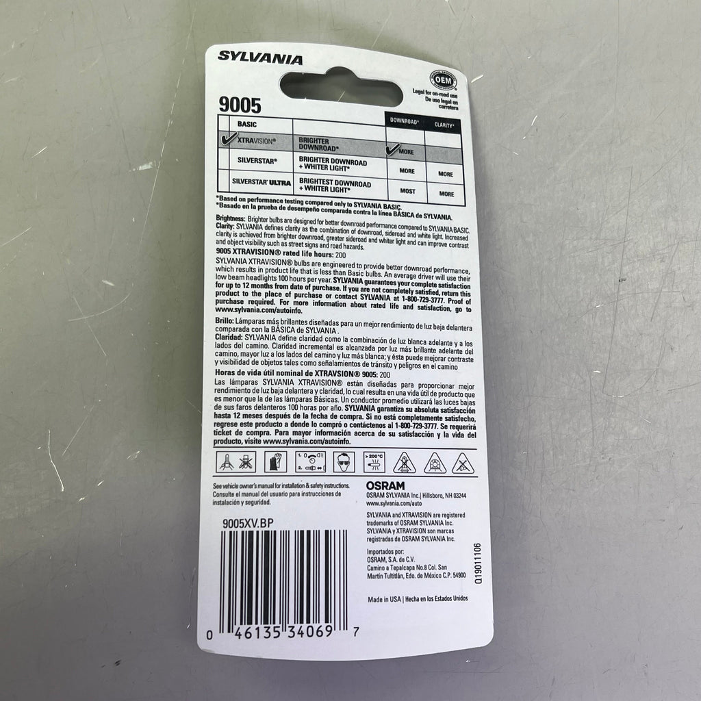 SYLVANIA (2 PACK) XtraVision Halogen Headlight Bulb  12.8V 9005XV.BP