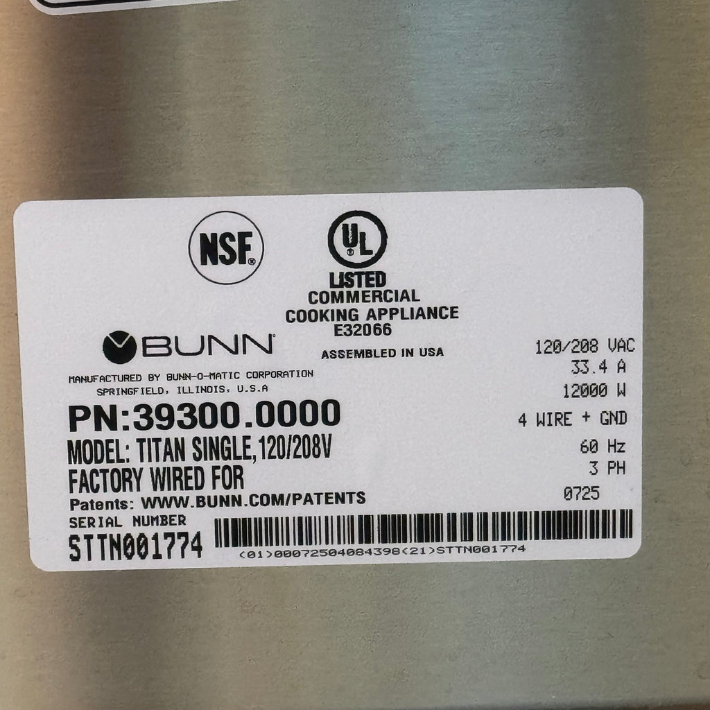 BUNN Commercial Coffee Making Machine Titan Single 120/208V 21"W x 22"L x 40"H Gray STTN001774