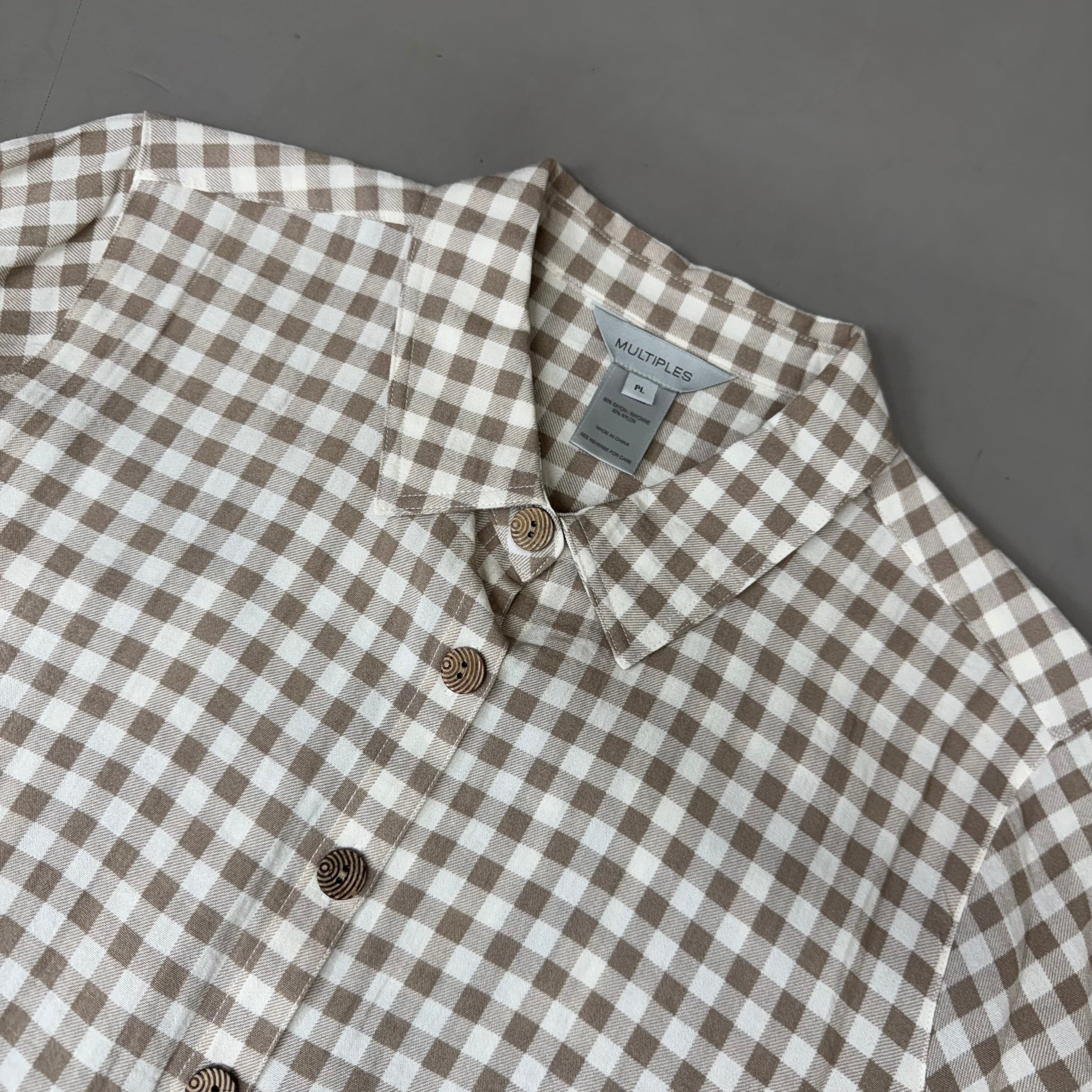 MULTIPLES Button-Up Plaid Shirt w/Cuff Petite Women's Sz PL Brown/Cream M44506BP