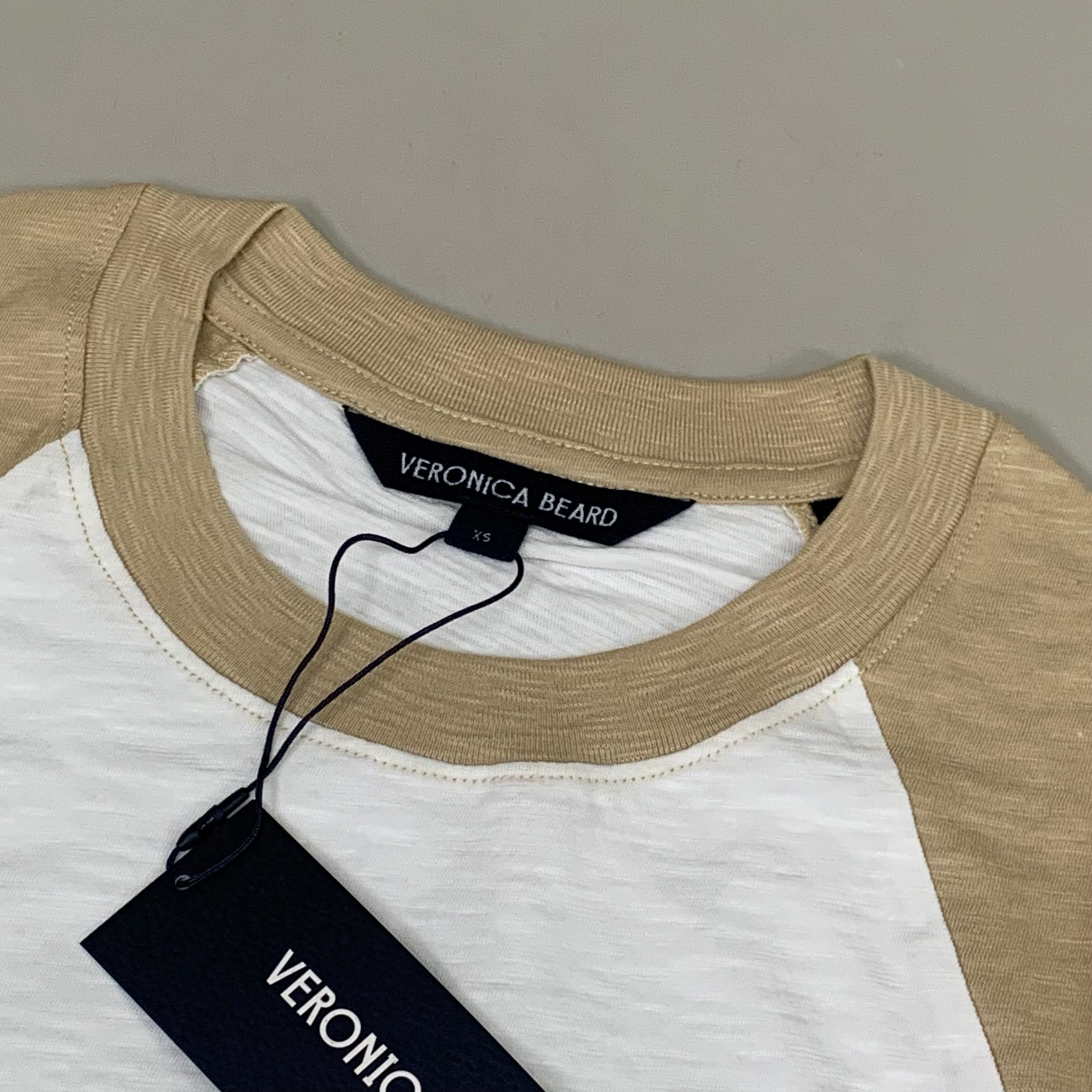 VERONICA BEARD Jeans Women's Mason Baseball Tee Sz-XS Stone Khaki/White