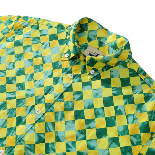 1970s Vintage Yellow-Green Rhombus Tropical Print 100% Cotton Men's Button-Down Shirt By Amy
