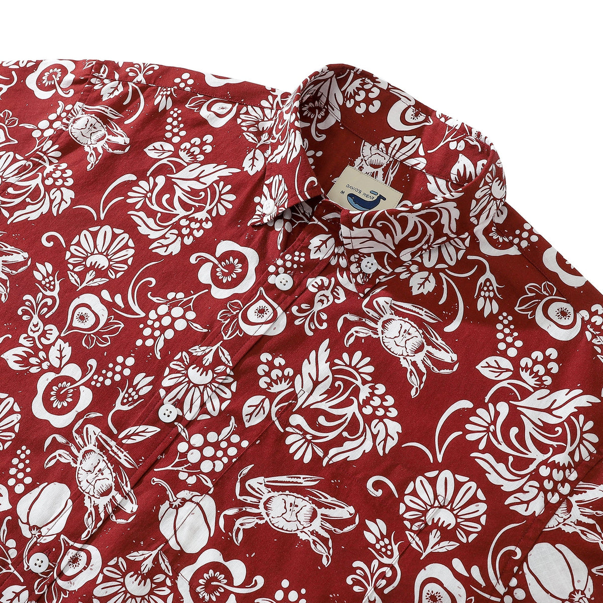 Deep Red Vintage Cotton Button-down Shirt With Tropical Print Scarlet By Evan