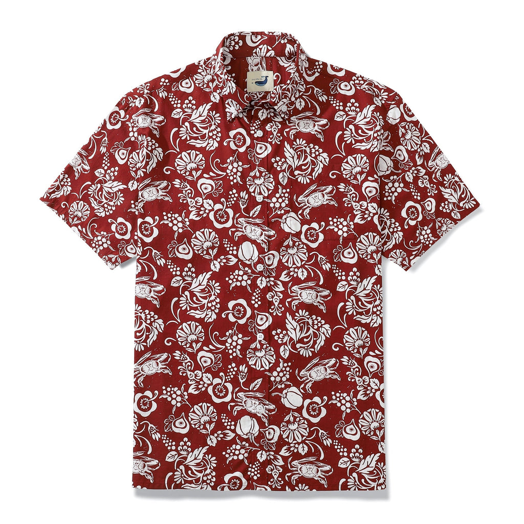 Deep Red Vintage Cotton Button-down Shirt With Tropical Print Scarlet By Evan