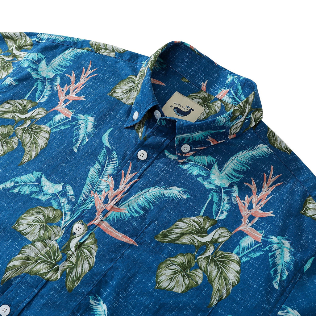 Dark Blue Banana Leaf Taro Leaf Hand Painted Floral 100% Cotton Men's Button-Down Shirt By Amy