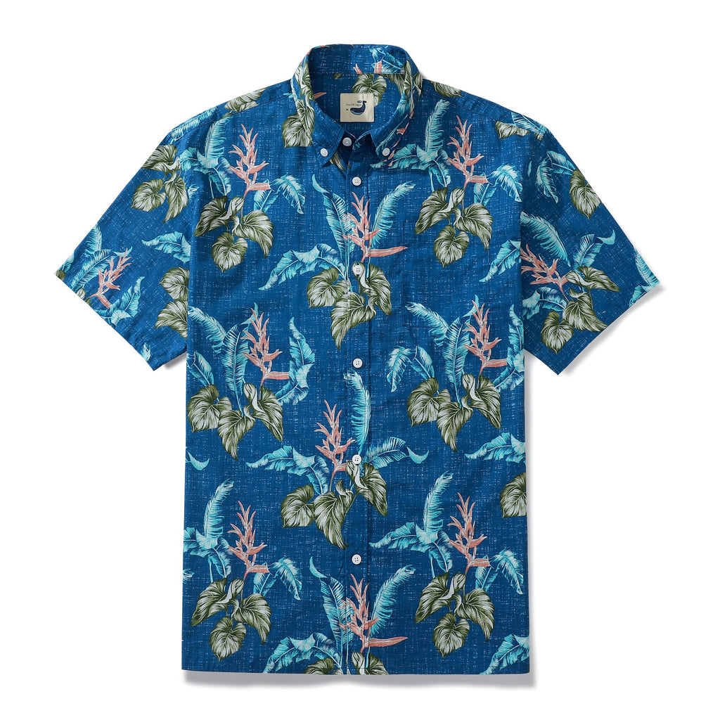 Dark Blue Banana Leaf Taro Leaf Hand Painted Floral 100% Cotton Men's Button-Down Shirt By Amy