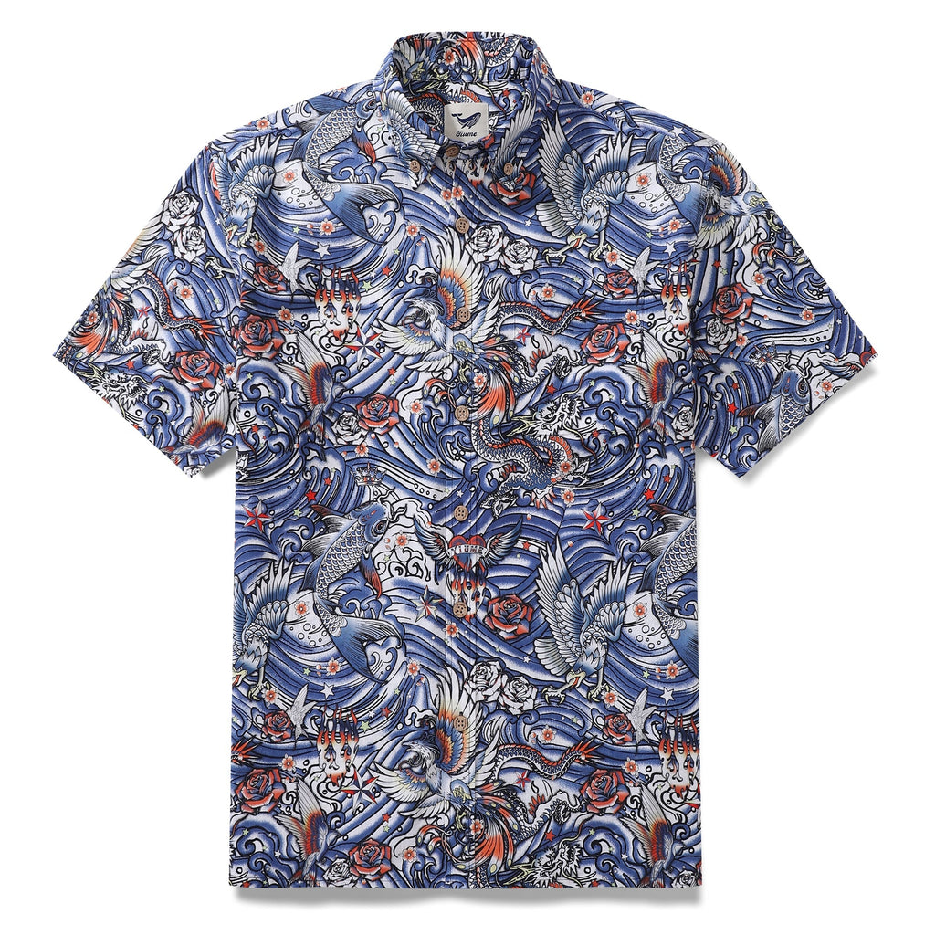 Men's Hawaiian Shirt Zen Waves - Tattoo Harmony Cotton Button-down Short Sleeve Aloha Shirt By Yakima