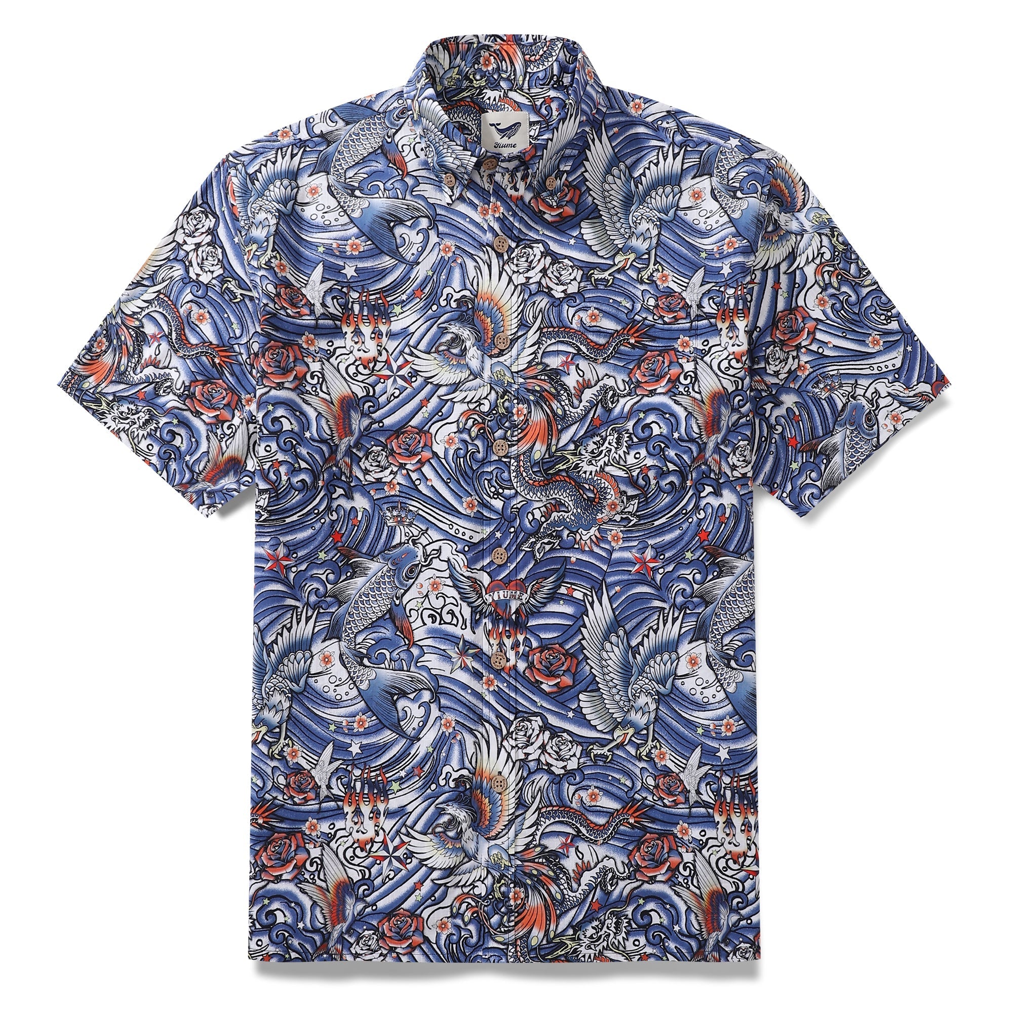 Men's Hawaiian Shirt Zen Waves - Tattoo Harmony Cotton Button-down Short Sleeve Aloha Shirt By Yakima