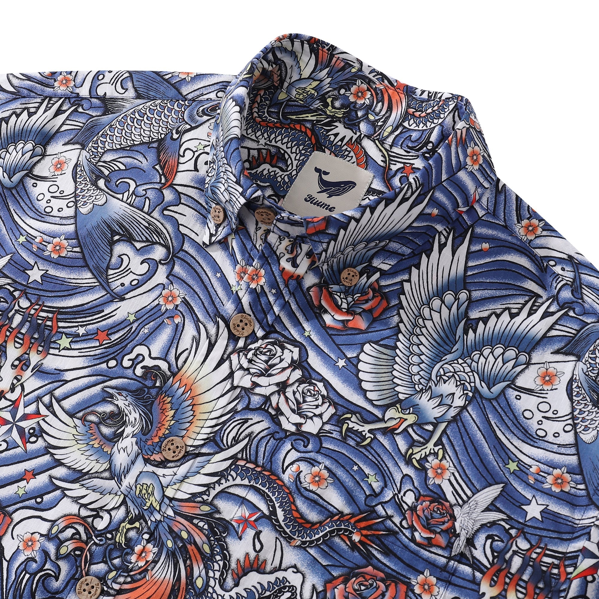 Men's Hawaiian Shirt Zen Waves - Tattoo Harmony Cotton Button-down Short Sleeve Aloha Shirt By Yakima