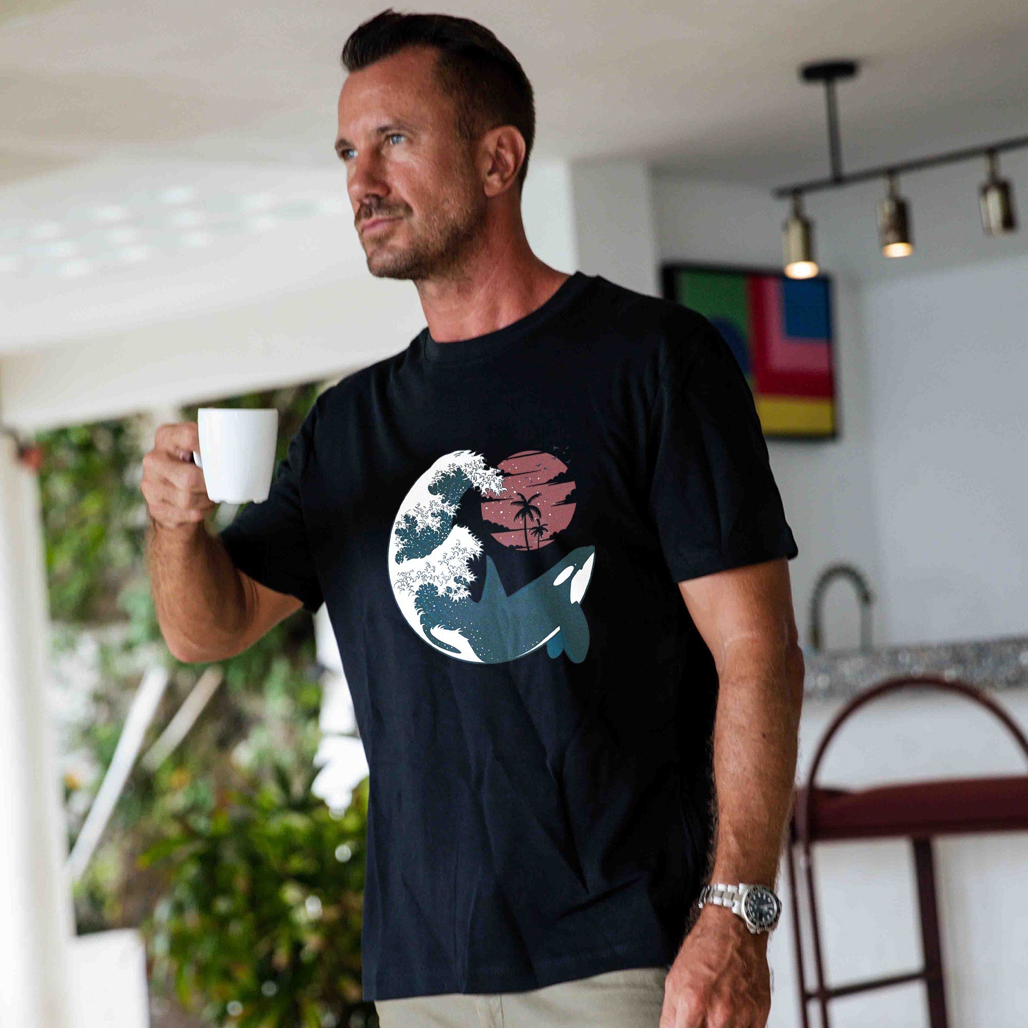 Hawaiian Tee For Men The Killer Wave Tee Crew Neck 100% Cotton - BLACK By Shawn