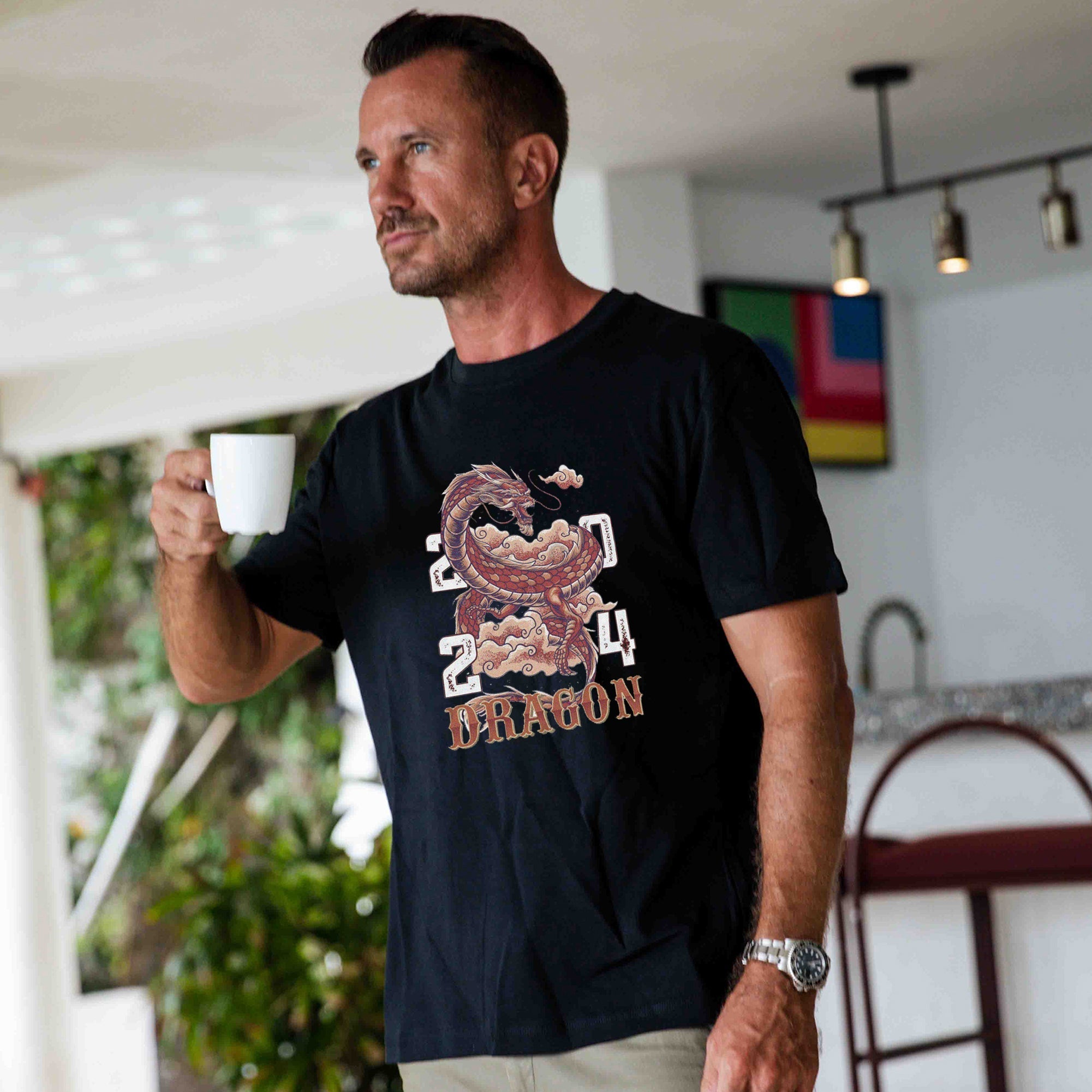 Hawaiian Tee For Men Year of the Dragon 2024 Tee Crew Neck 100% Cotton - BLACK By Shawn