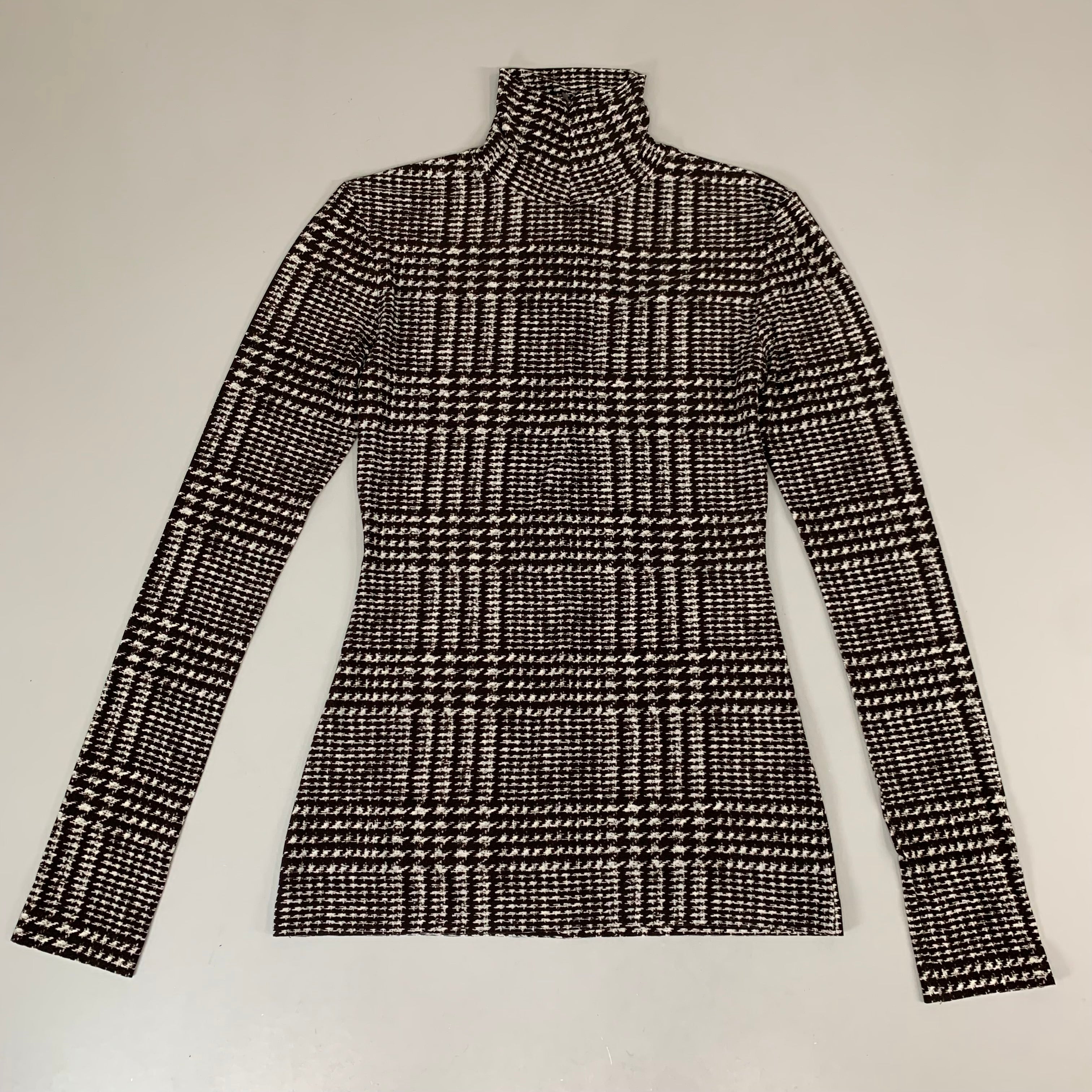 NORMA KAMALI Front Zip Slim Fit Turtle Top Women's Sz S/36 Chocolate Plaid Tweed