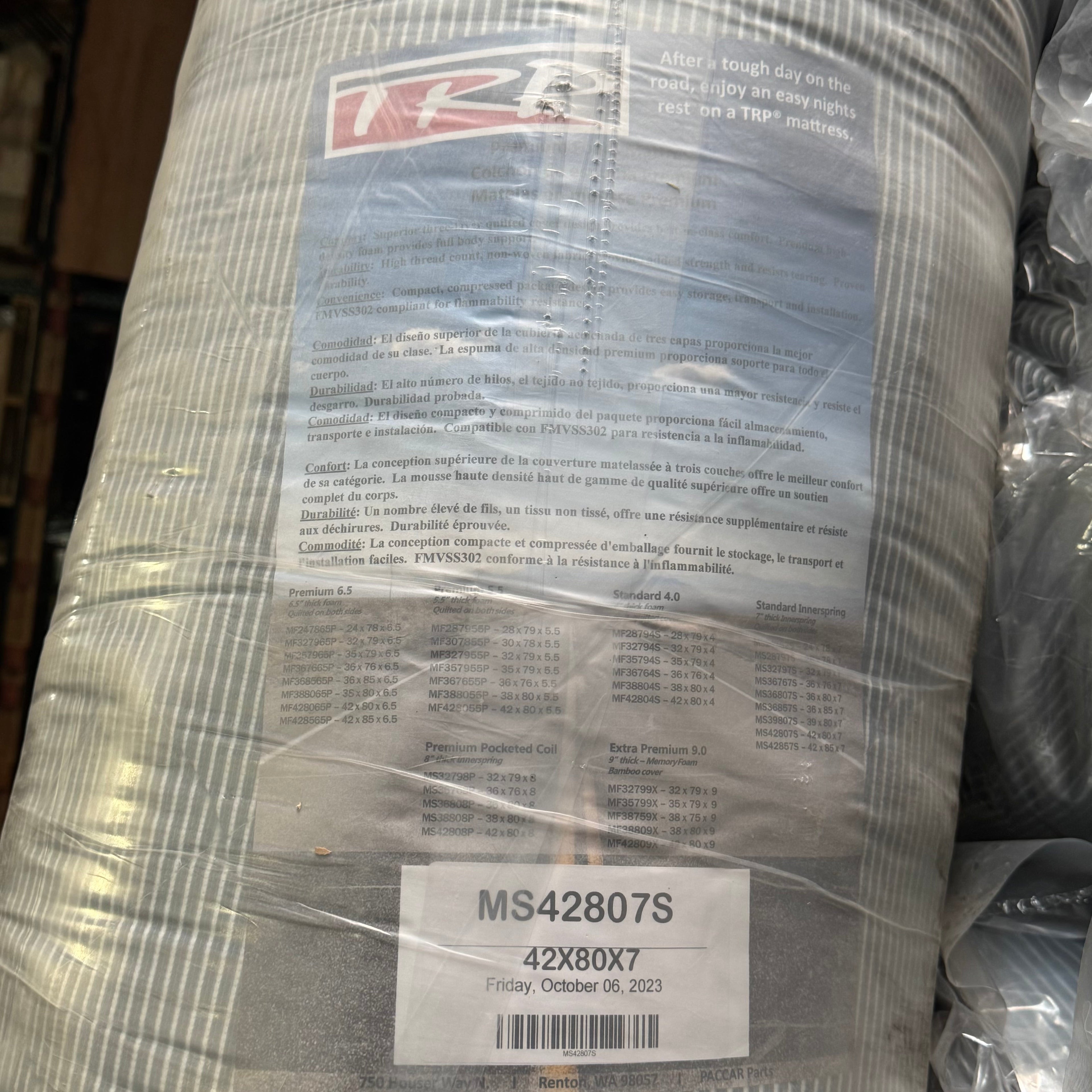 ZA@ TRP Foam Mattress for Semi Truck Sleeper 42 x 08 x 7 White MS42807S