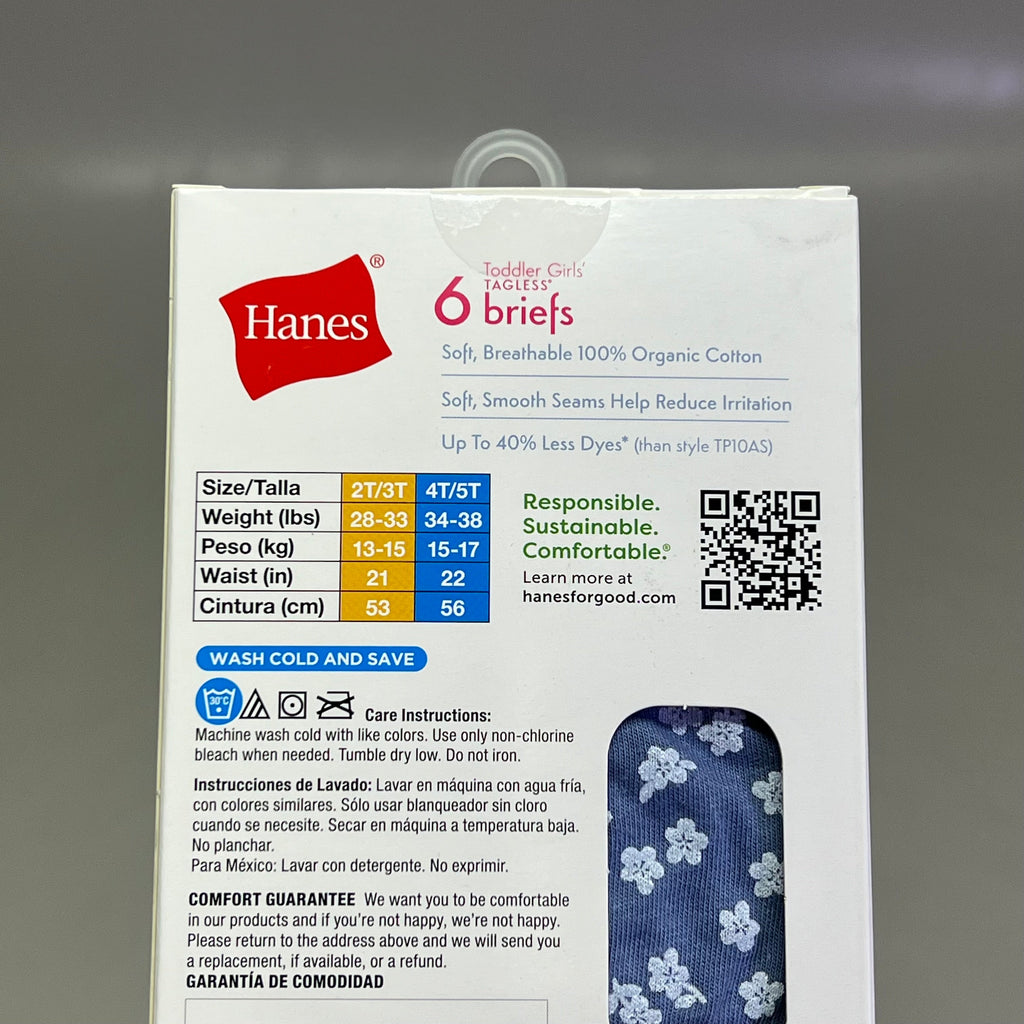 HANES (2 PACK, 6 BREIFS EACH) 100% Organic Cotton Pure Comfort Girls 4T/5T TP10AS