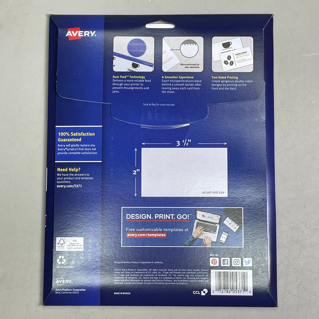 AVERY (5-PACK) 250 Business Cards Matte White Sure Feed Printable 2"x3-1/2" 5371