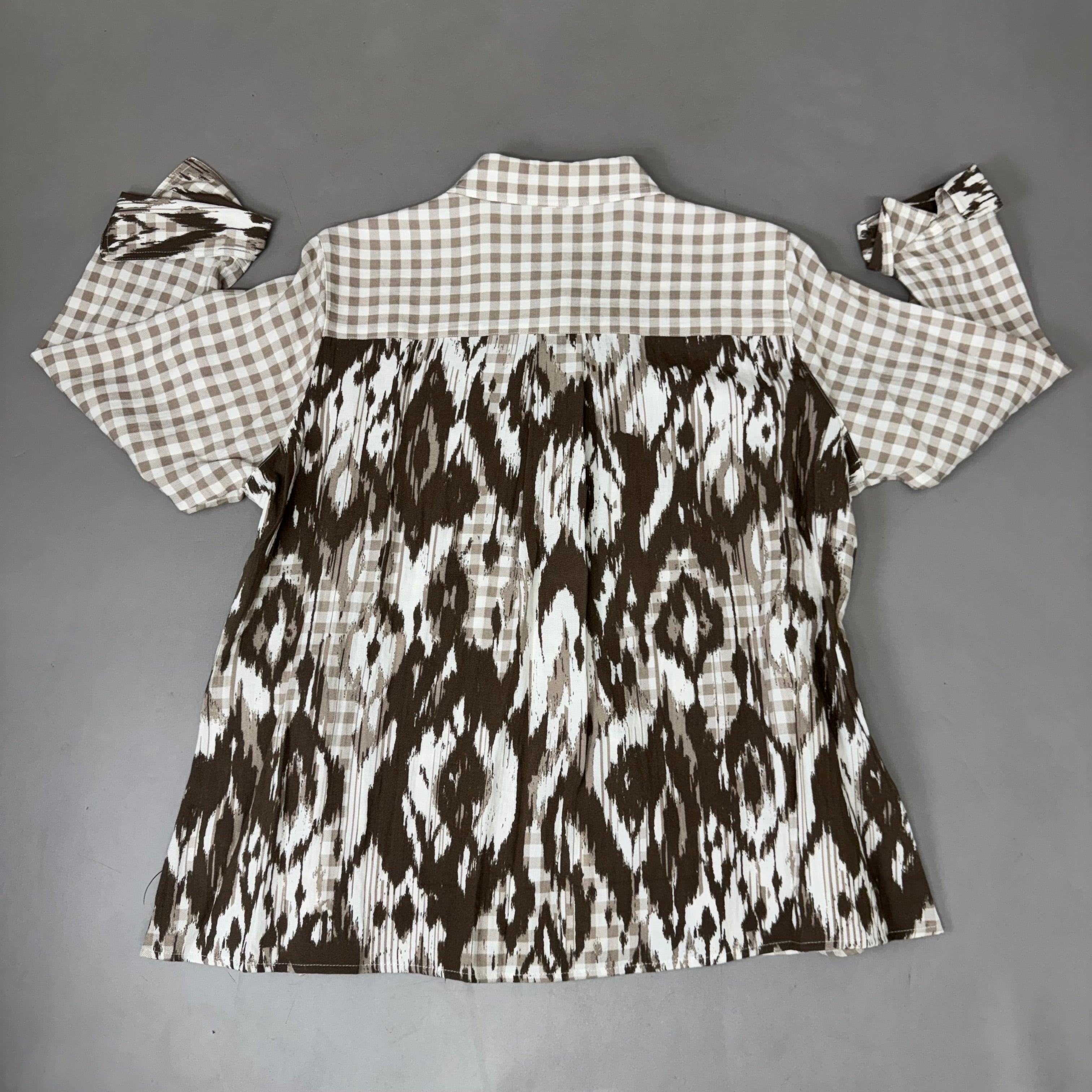 MULTIPLES Button-Up Plaid Shirt w/Cuff Petite Women's Sz PXL Brown/Cream M44506BP
