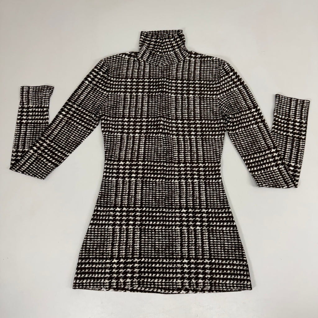 NORMA KAMALI Front Zip Slim Fit Turtle Top Women's Sz XXS/32 Chocolate Plaid Tweed