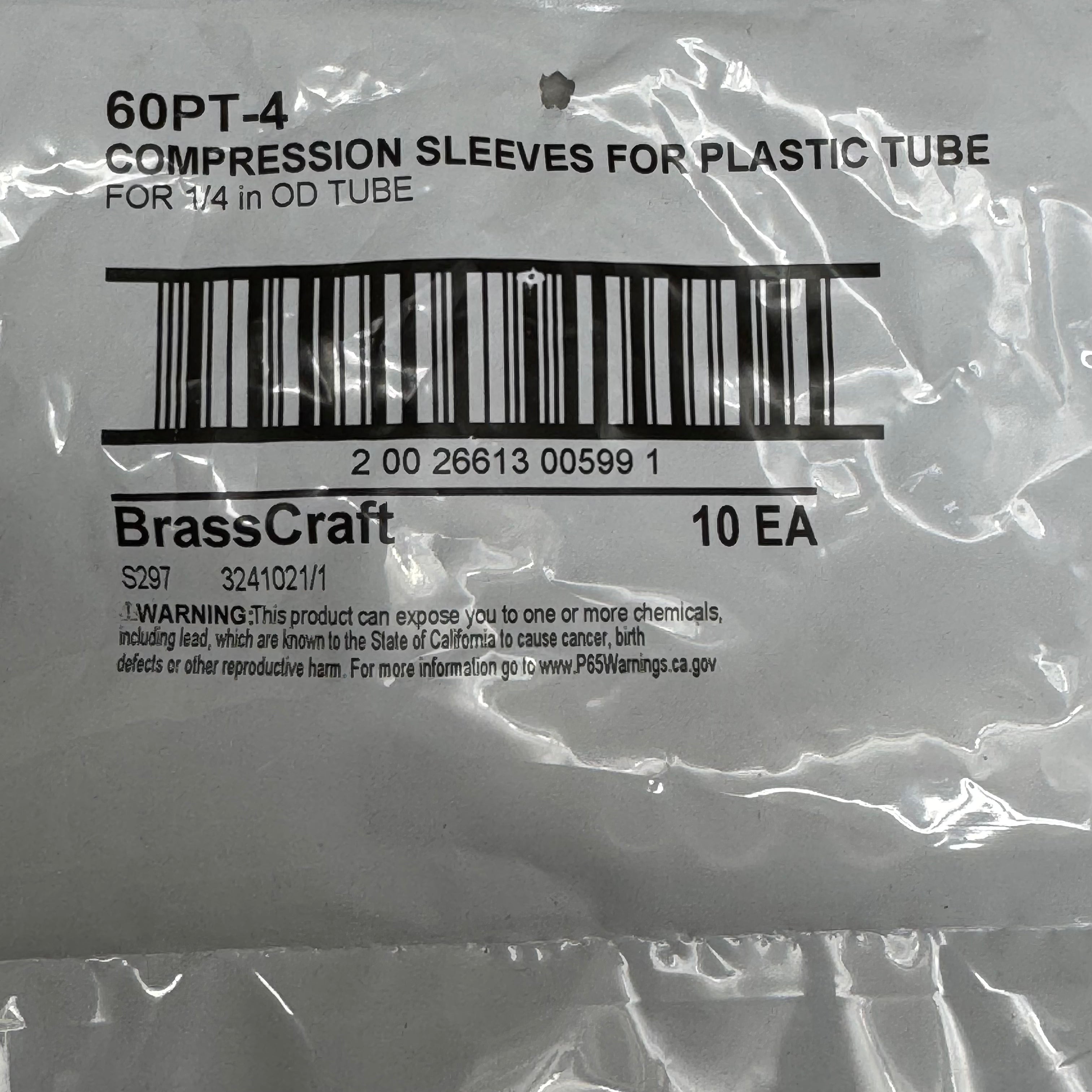 BRASSCRAFT (5 PACKS OF 10 SLEEVES) Compression Sleeves For Plastic Tube FOR 1/4" OD TUBE White 60PT-4